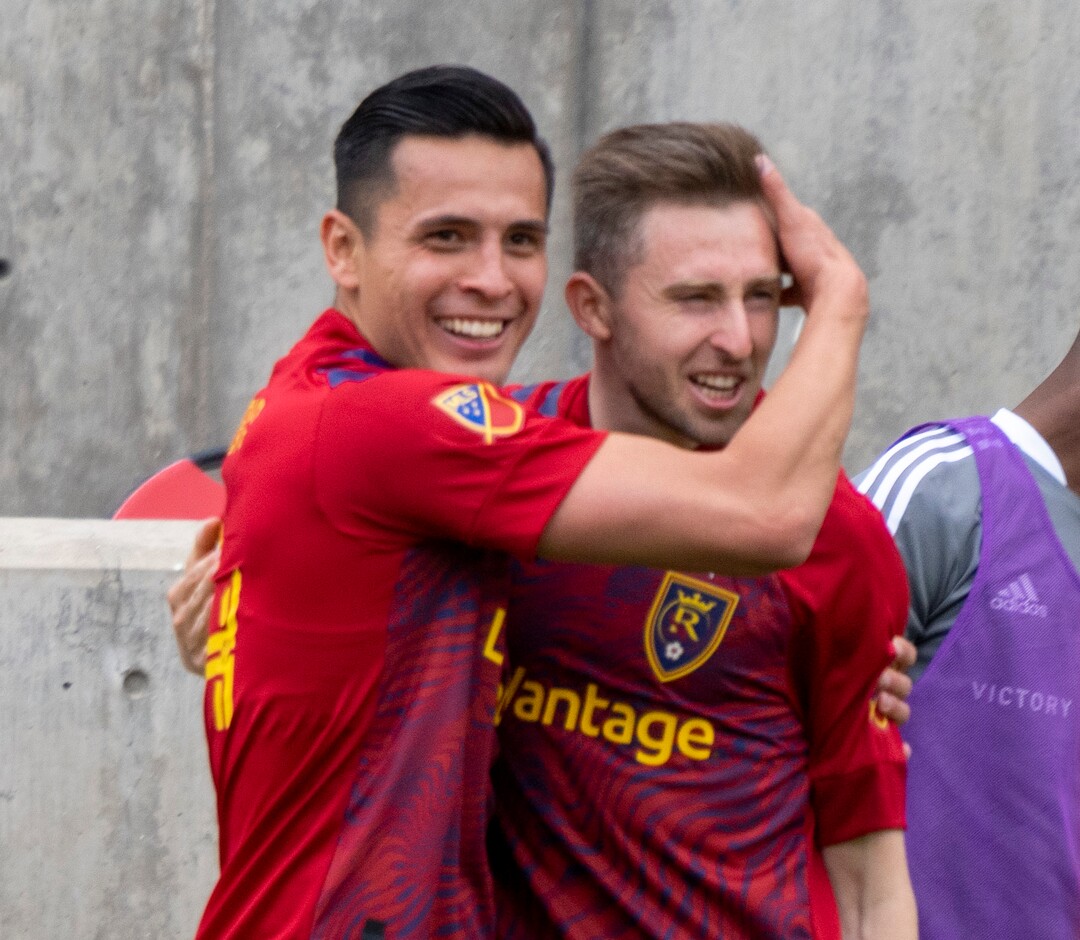 (Rick Egan | The Salt Lake Tribune) Real Salt Lake forward Rubio Rubin (14) celebrates with Real Salt Lake defender Andrew Brody (2) after scoring his second goal of the day, in MLS action between Real Salt Lake and Sporting Kansas City at Rio Tinto Stadium, on Saturday, May 1, 2021.