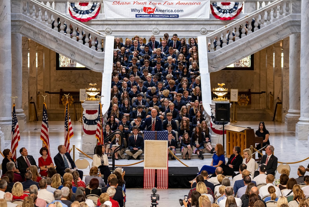 (Rick Egan | The Salt Lake Tribune) Gov Spencer Cox during the Constitution Month Kick Off News Conference at the Capitol, on Thursday, Aug. 31, 2023.