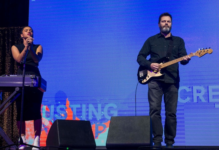 (Rick Egan  |  The Salt Lake Tribune)     'Hearts Beat Loud' co-stars Kiersey Clemons and Nick Offerman perform at the 2018 Sundance Film Festival Awards Night, Saturday, January 27, 2018.


