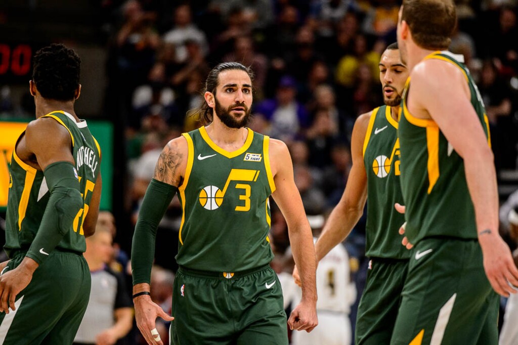 (Trent Nelson | The Salt Lake Tribune)  Utah Jazz guard Ricky Rubio (3) celebrates a three-pointer as the Utah Jazz host the Denver Nuggets, NBA basketball in Salt Lake City on Wednesday Jan. 23, 2019.