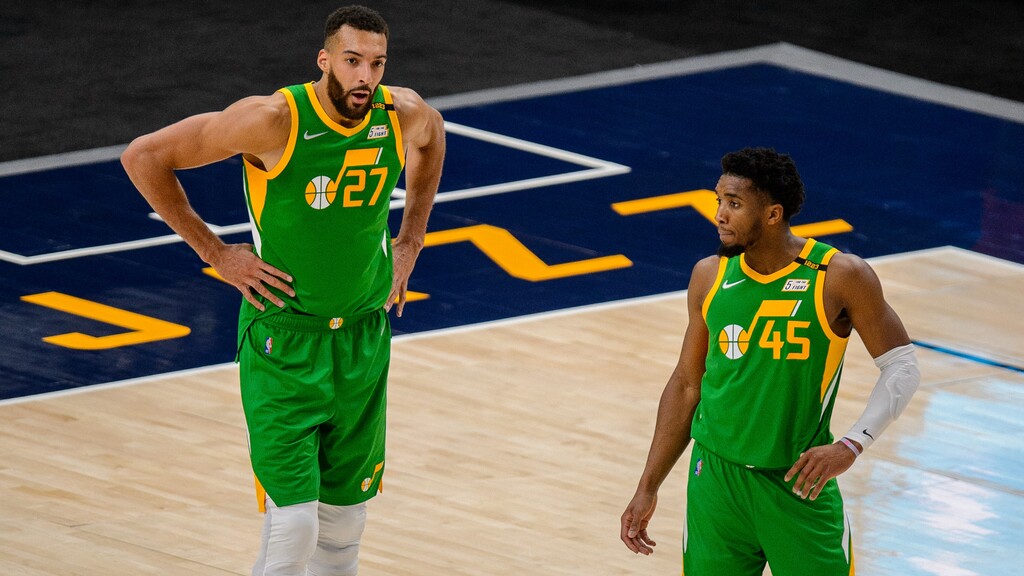 (Trent Nelson  |  The Salt Lake Tribune) Utah Jazz center Rudy Gobert (27) and Utah Jazz guard Donovan Mitchell (45) as the Utah Jazz host the Houston Rockets, NBA basketball in Salt Lake City on Friday, March 12, 2021.