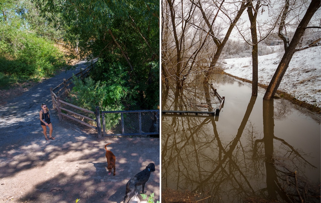 (The Salt Lake Tribune) Wasatch Hollow Preserve on July 29, left, and on March 30, right, when Emigration Creek flooded the park, which serves as a detention basin.