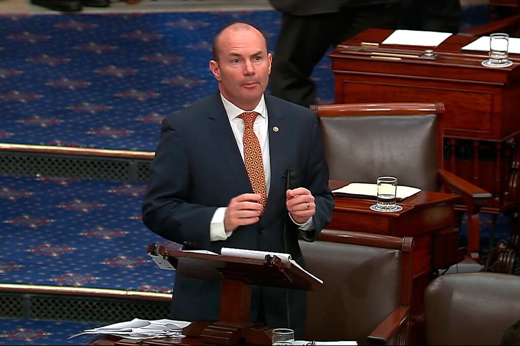 (Senate Television via AP) In this image from video from Senate Television, Sen. Mike Lee, R-Utah, speaks during the impeachment trial of Homeland Security Secretary Alejandro Mayorkas on the Senate floor at the U.S. Capitol, Wednesday, April 17, 2024, in Washington.