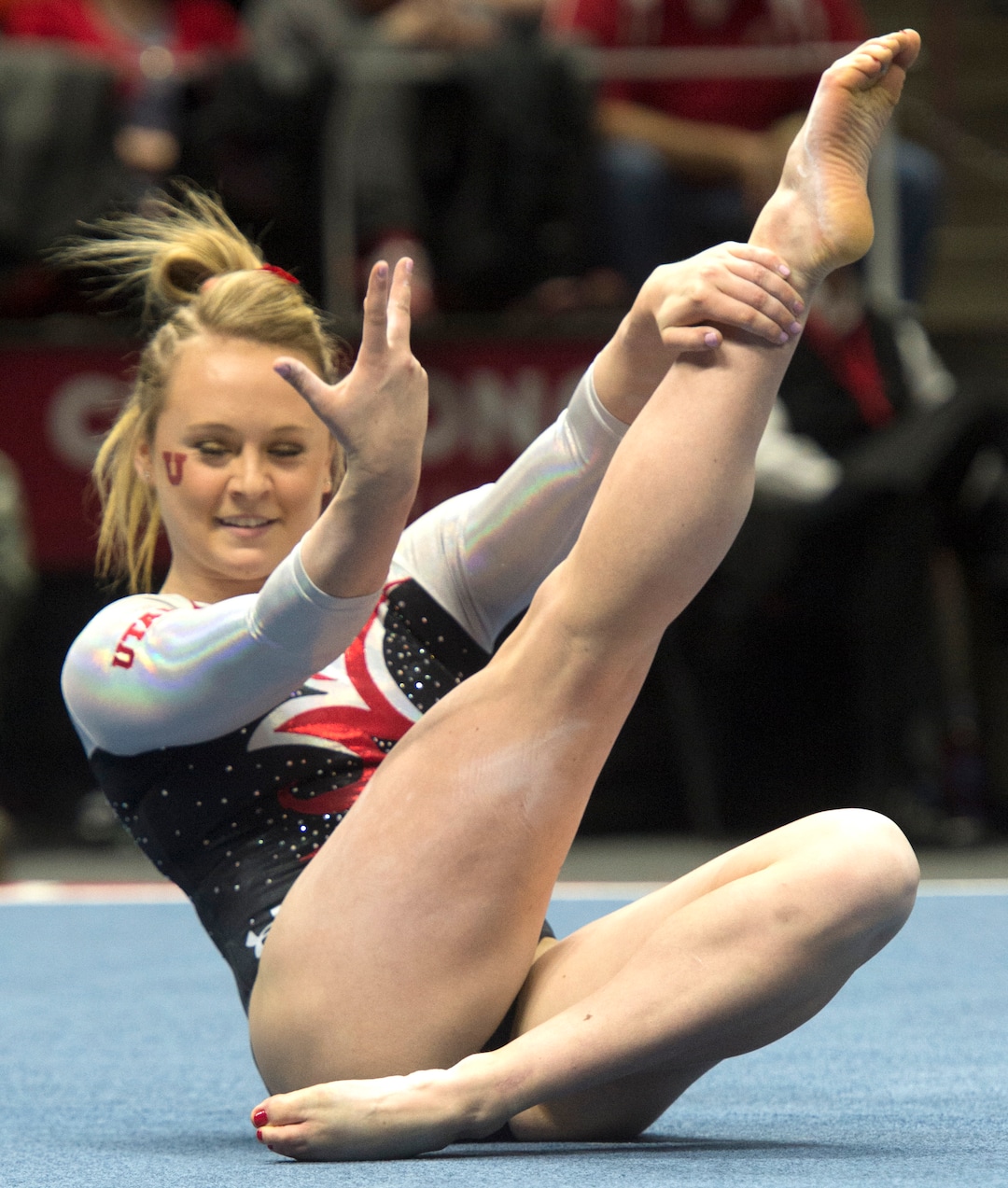 Rick Egan  |  The Salt Lake TribuneMaddy Stover performs on the floor, in Gymnastics action, Utah vs. Washington, Saturday, February 13, 2016.