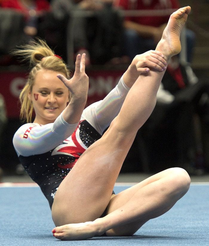 Rick Egan  |  The Salt Lake TribuneMaddy Stover performs on the floor, in Gymnastics action, Utah vs. Washington, Saturday, February 13, 2016.