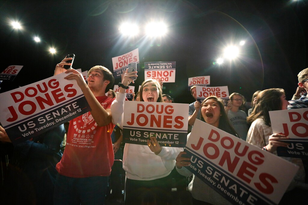 (Brynn Anderson | Associated Press) Supporters of Democratic senatorial candidate Doug Jones cheer as he comes onstage before he speaks during a "get out the vote rally," Saturday, Dec. 9, 2017, in Birmingham, Ala.