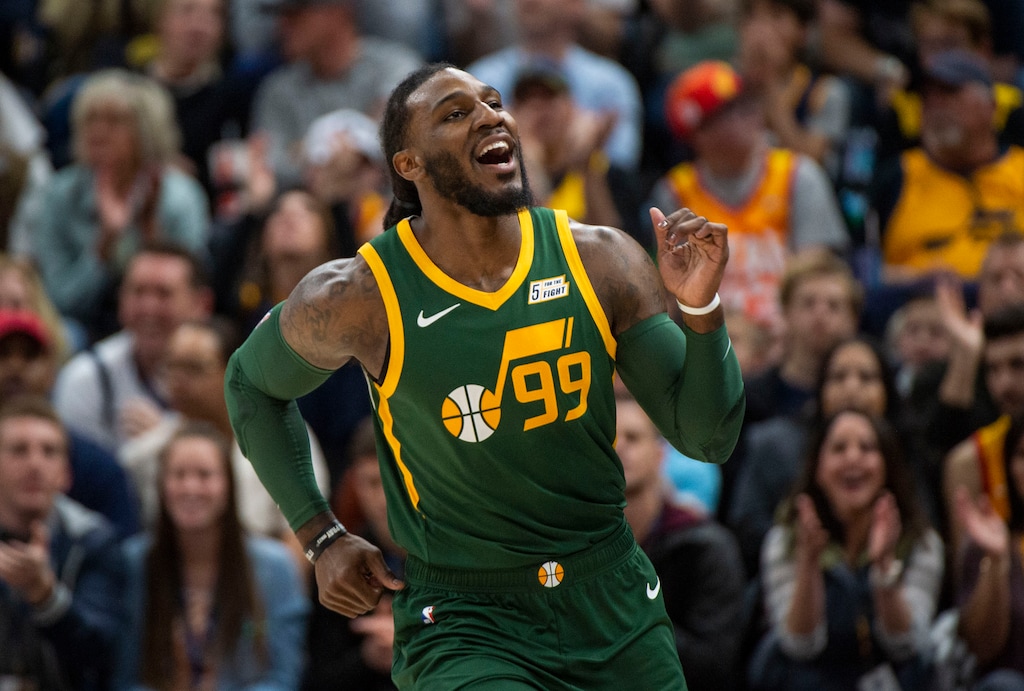 (Rick Egan  |  The Salt Lake Tribune)  Utah Jazz forward Jae Crowder (99) smiles after a big slam dunk brings the Jazz with in two points of the Nets, in NBA action between Utah Jazz and Brooklyn Nets at Vivint Smart Home Arena, Saturday, March 16, 2019.
