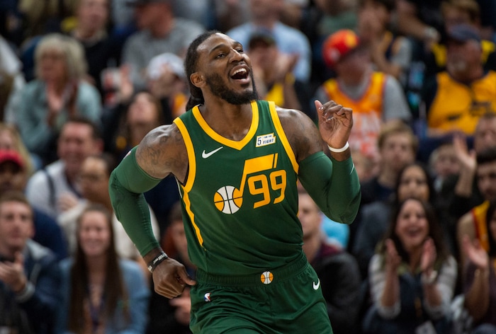 (Rick Egan  |  The Salt Lake Tribune)  Utah Jazz forward Jae Crowder (99) smiles after a big slam dunk brings the Jazz with in two points of the Nets, in NBA action between Utah Jazz and Brooklyn Nets at Vivint Smart Home Arena, Saturday, March 16, 2019.


