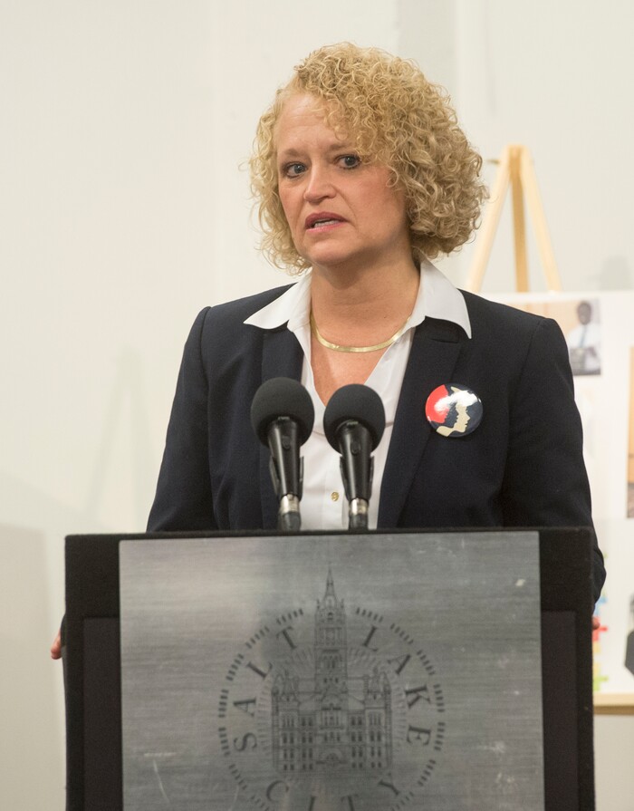 (Rick Egan  |  The Salt Lake Tribune)   Salt Lake City Mayor Jackie Biskupski gives the State of the City address at the Horizonte Instruction and Training Center, Wednesday, January 31, 2018.


