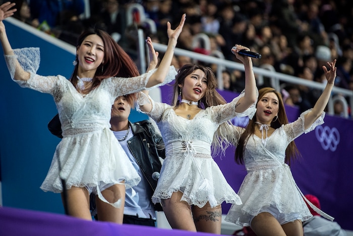 (Chris Detrick  |  The Salt Lake Tribune)  DJ Heady and his dancers perform during the Men's 500m Short Track Speed Skating at Gangneung Ice Arena Pyeongchang 2018 Winter Olympics Tuesday, Feb. 20, 2018. 