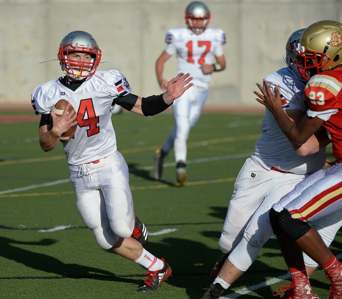 (Francisco Kjolseth  |  The Salt Lake Tribune)  Manti's Lance Fowles puts in some yards in game action against Judge Memorial in the Class 3A football playoff game at Judge on Thursday, Oct. 19, 2017. 