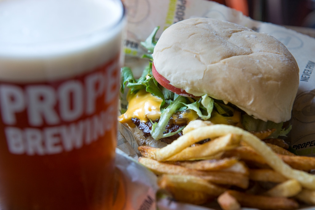 (Leah Hogsten | Tribune file photo) Proper Brewing Company's Proper Burger served with Oatmeal Red on nitro. Proper Brewing Co., located at 857 Main St., is one of nine breweries in a 6-mile radius in Salt Lake City "Brewers Byway" loop, Wednesday, May 10, 2017.