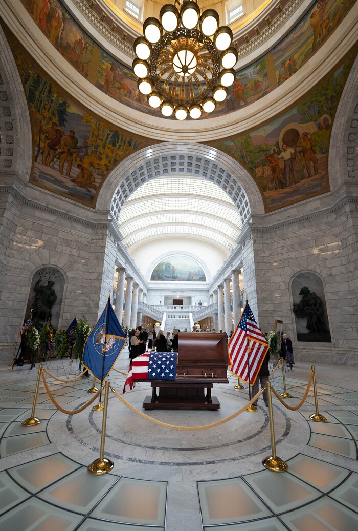 (Francisco Kjolseth | The Salt Lake Tribune) Mourners pass the casket of former U.S. Sen. Orrin Hatch at the Utah Capitol on Wednesday, May 4, 2022. 