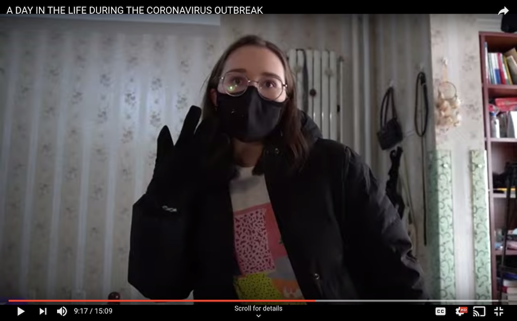 (Youtube screen grab) In a video uploaded Jan. 31, 2020, Kate De Groote shows off the gloves and face mask she wears when going outside in Beijing amid the coronavirus outbreak.