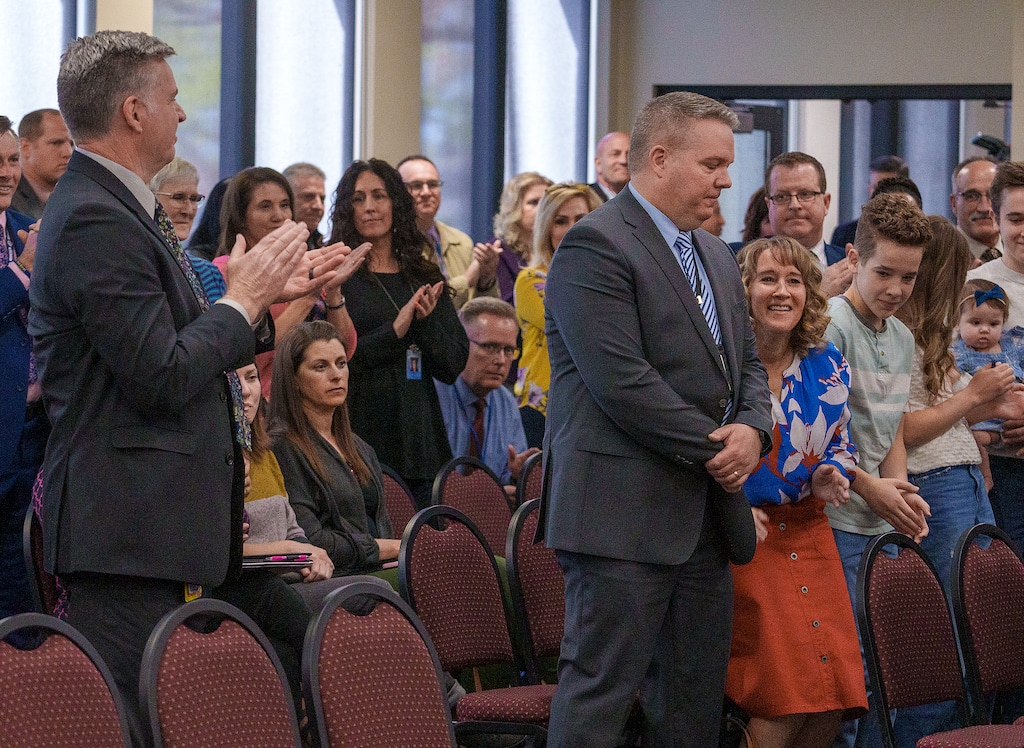 (Leah Hogsten | The Salt Lake Tribune) Dr. Daniel R. Linford is applauded after being appointed as Davis School District Board of Education's new superintendent, Wednesday, April 20, 2022.