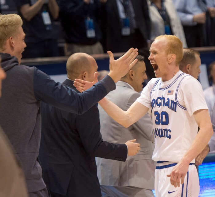 (Rick Egan  |  The Salt Lake Tribune)  Brigham Young Cougars guard TJ Haws (30) reacts after Brigham Young Cougars beat San Francisco Dons in overtime, in basketball action at the Marriott Center, Saturday, February 10, 2018.