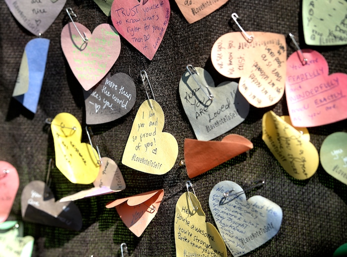 (Scott Sommerdorf   |  The Salt Lake Tribune)   
Notes posted in the "Take a Note - Leave a Note" poster with the PFLAG booth at the fifth annual Provo Pride Festival, Saturday, September 16, 2017.