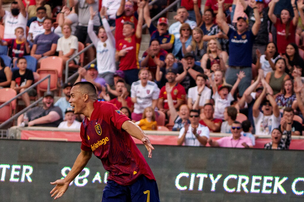 (Trent Nelson  |  The Salt Lake Tribune) Real Salt Lake forward Bobby Wood (7) celebrates a first half goal as Real Salt Lake hosts the Colorado Rapids, MLS Soccer at Rio Tinto Stadium in Sandy on Saturday, July 24, 2021.