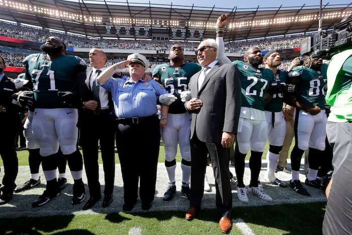 Philadelphia Eagles owner Jeffrey Lurie stands during the national anthem before an NFL football game against the New York Giants, Sunday, Sept. 24, 2017, in Philadelphia. (AP Photo/Matt Rourke)