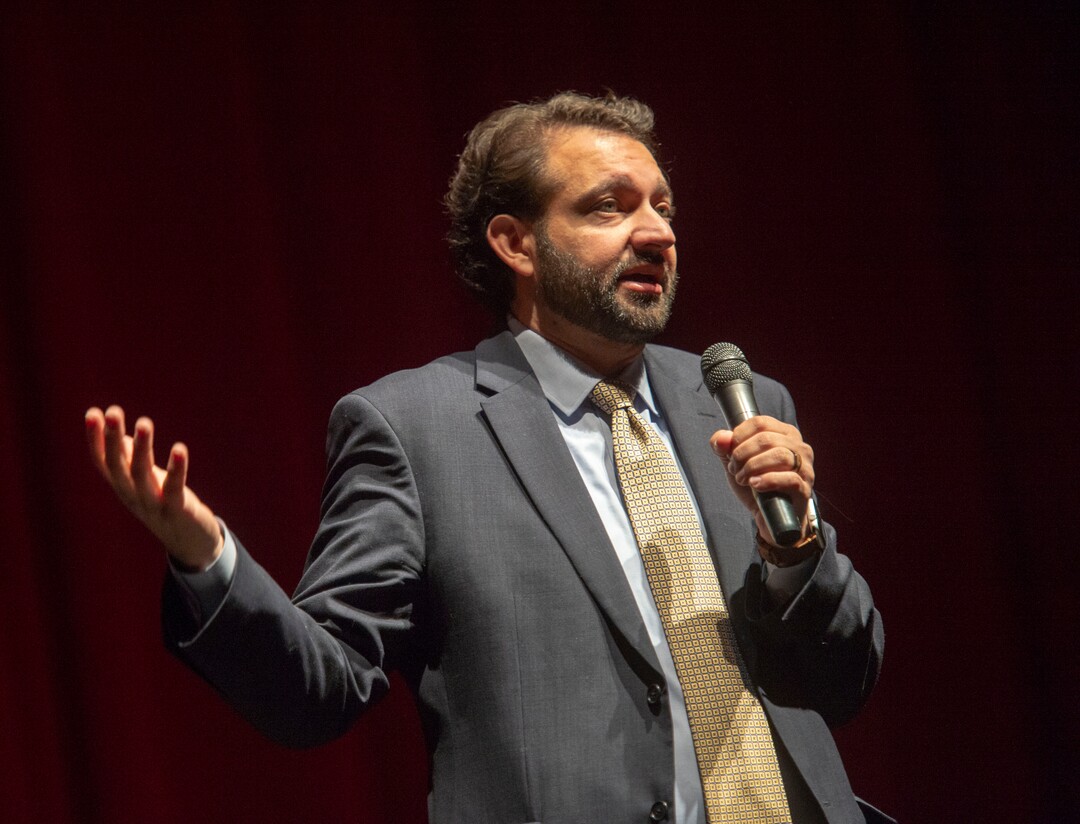 (Rick Egan  |  The Salt Lake Tribune)     Jeff Merchant speaks to the Salt Lake County Democratic Party's Central Committee members, as one of 10 candidates vying the at-large Country Council seats left vacant by now-Salt Lake County Mayor Jenny Wilson, at Eisenhower Jr High, Saturday, Feb. 23, 2019.