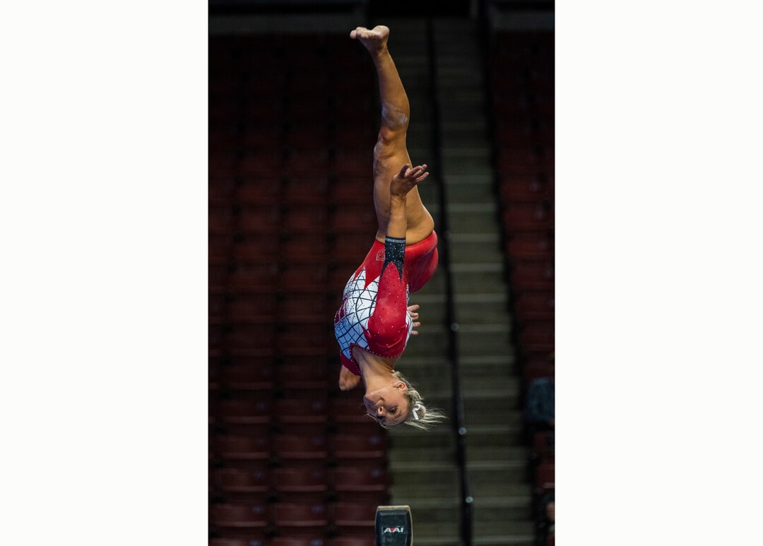 (Rick Egan | The Salt Lake Tribune) Maile O'Keefe competes on the bean for Utah in the PAC-12 Gymnastics Championship tournament at the Maverik Center, on Saturday, March 20, 2021.