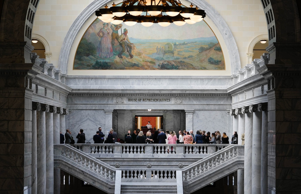(Francisco Kjolseth | The Salt Lake Tribune) House Speaker Brad Wilson, R-Kaysville, center, conducts business on the House floor at the Utah Capitol during the 2023 legislative session on Thursday, Feb. 2, 2023.