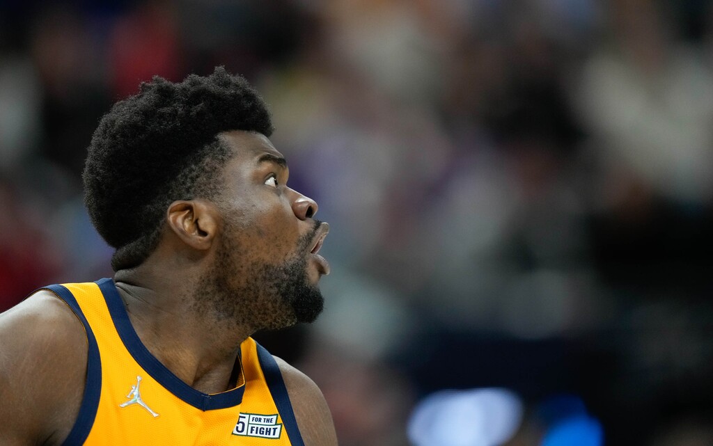 (Francisco Kjolseth | The Salt Lake Tribune) Utah Jazz center Udoka Azubuike (20) yells out as the Utah Jazz and the New York Knicks play an NBA basketball game at Vivint Arena in Salt Lake City on Monday, Feb. 7, 2022.