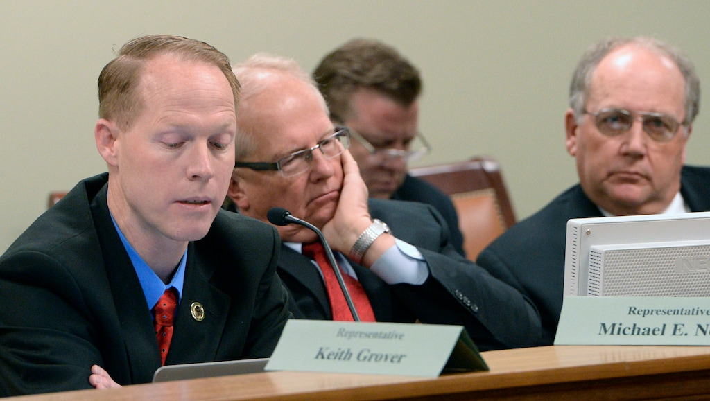 Al Hartmann | The Salt Lake Tribune
Rep. Keith Grover, R-Provo,left, Rep. Michael Noel, R- Kanab, and Rep. John Mathis, R-Vernal listen to testimony in the House Government Operations Standing Committee Monday March 3 on SB005401, Elections Amendments. The amended bill passed unananimously in the committee to bring it to the house floor. Many on the committee like these three had reservations but voted for the so-called "Utah count my vote" compromise bill.