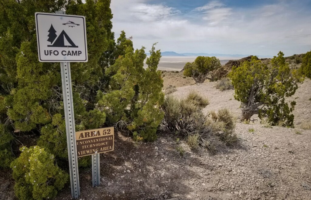 (Elaine Clark | KUER) UFO signage at a campground in western Utah's Dugway Range, May 16, 2020.