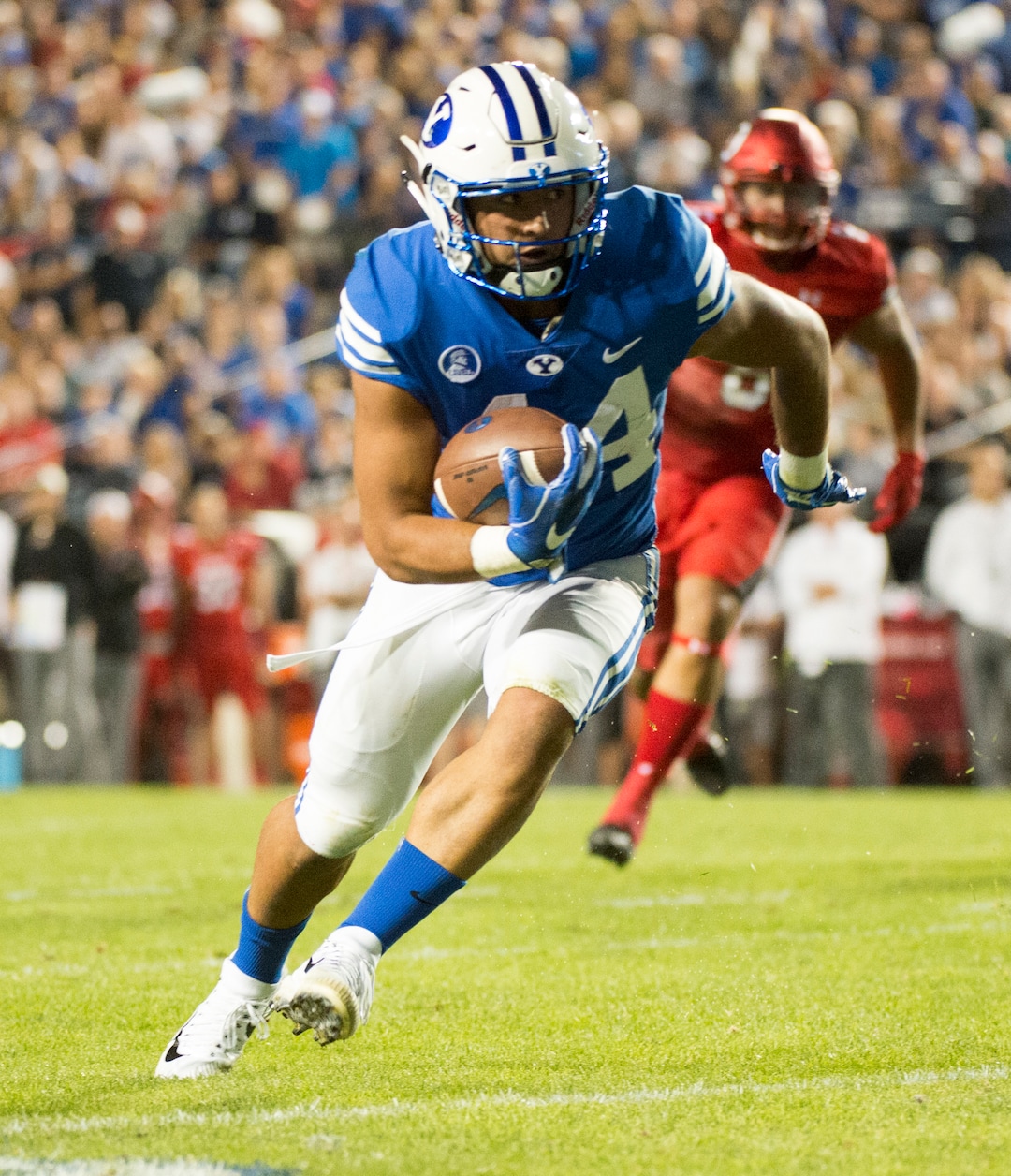 (Rick Egan  |  The Salt Lake Tribune)   Brigham Young Cougars running back Kavika Fonua (44) runs with the ball, in football action BYU vs Utah, at Lavell Edwards Stadium in Provo, Saturday, September 9, 2017.