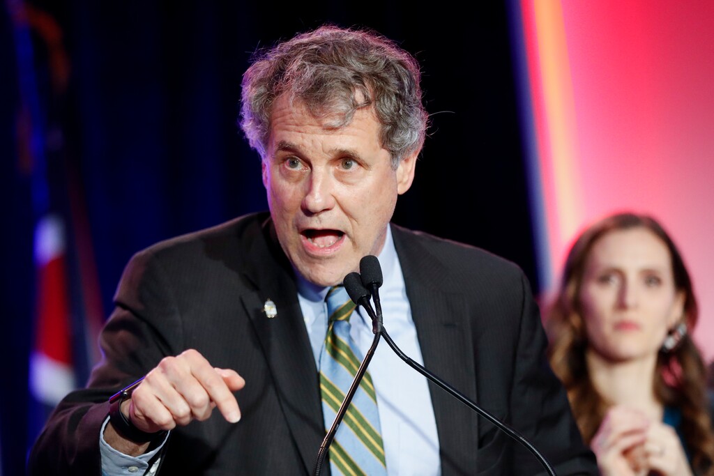 Sen. Sherrod Brown, D-Ohio, speaks after winning his re-election bid during the Ohio Democratic Party election night watch party, Tuesday, Nov. 6, 2018, in Columbus, Ohio. (AP Photo/John Minchillo)