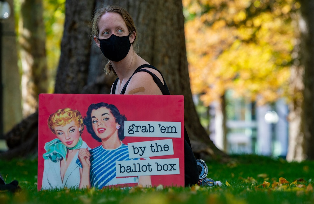 (Francisco Kjolseth  |  The Salt Lake Tribune) Brittney Maxfield Cobbley joins demonstrators gather in Salt Lake City, as they unite with Women’s March rallies happening in Washington D.C. and around the country on Saturday, Oct. 17, 2020, to signal their opposition to President Donald Trump and his agenda, including his push to fill the seat of late Supreme Court Justice Ruth Bader Ginsburg before election day.