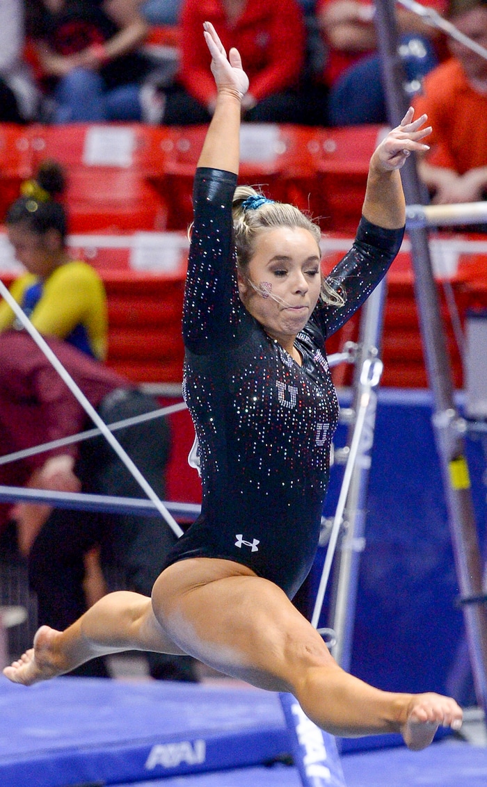 (Leah Hogsten  |  The Salt Lake Tribune)    The fourth-ranked Utes compete against No. 9 California, No. 16 Auburn, No. 21 Brigham Young, Stanford and Southern Utah, during the the NCAA Regional Championships, Saturday, April 7, 2018 at the Huntsman Center. The top two teams advance to the NCAA Championships April 20-21 in St. Louis.Saturday, April 7, 2018, 