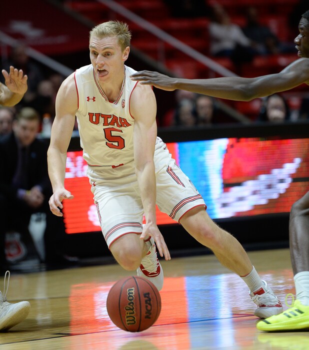(Francisco Kjolseth  |  The Salt Lake Tribune) Utah Utes guard Parker Van Dyke (5) pushes past Northern Arizona  in Men's Basketball at the Jon M Huntsman Center in Salt Lake City, Utah, on Friday, Dec. 21, 2018.