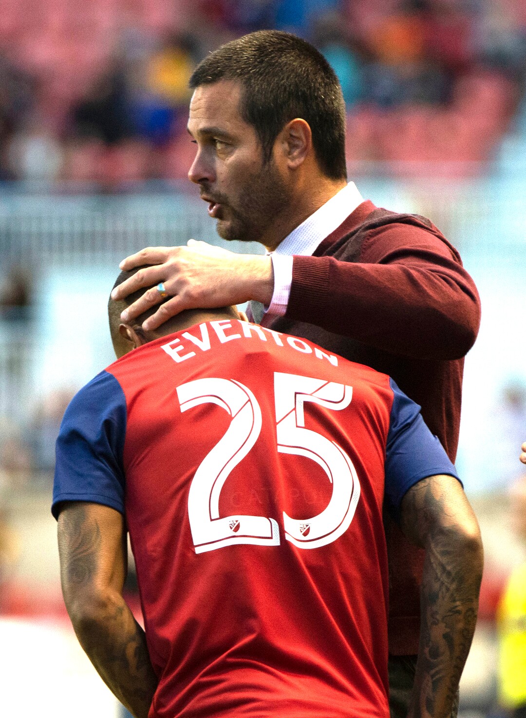 (Rick Egan  |  The Salt Lake Tribune).  Real Salt Lake head coach Mike Petke talks to Real Salt Lake midfielder Everton Luiz (25) before sending him into the game, in MLS soccer action between Real Salt Lake and Atlanta United at Rio Tinto Stadium in Sandy, Friday, May 24, 2019.