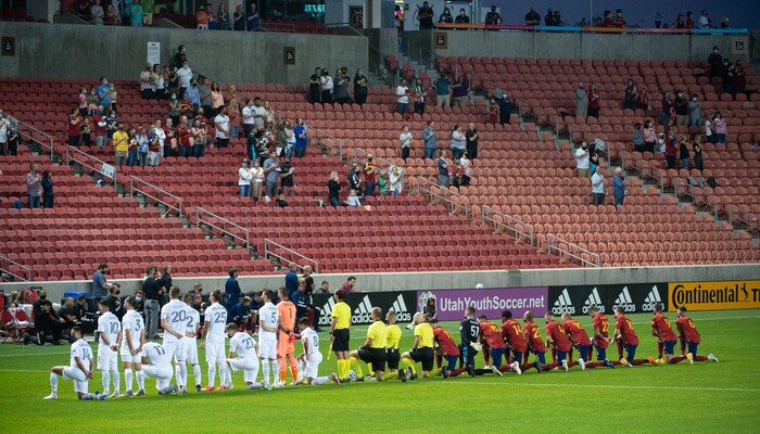 (Francisco Kjolseth  |  The Salt Lake Tribune) Players take a knee as Real Salt Lake hosts L.A. Galaxy at Rio Tinto Stadium in Sandy on Wednesday, Sept. 23, 2020.