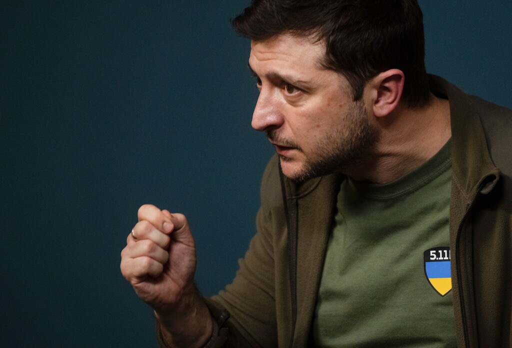(Lynsey Addario | The New York Times) President Volodymyr Zelenskyy of Ukraine during a news conference in Kyiv, March 3, 2022.