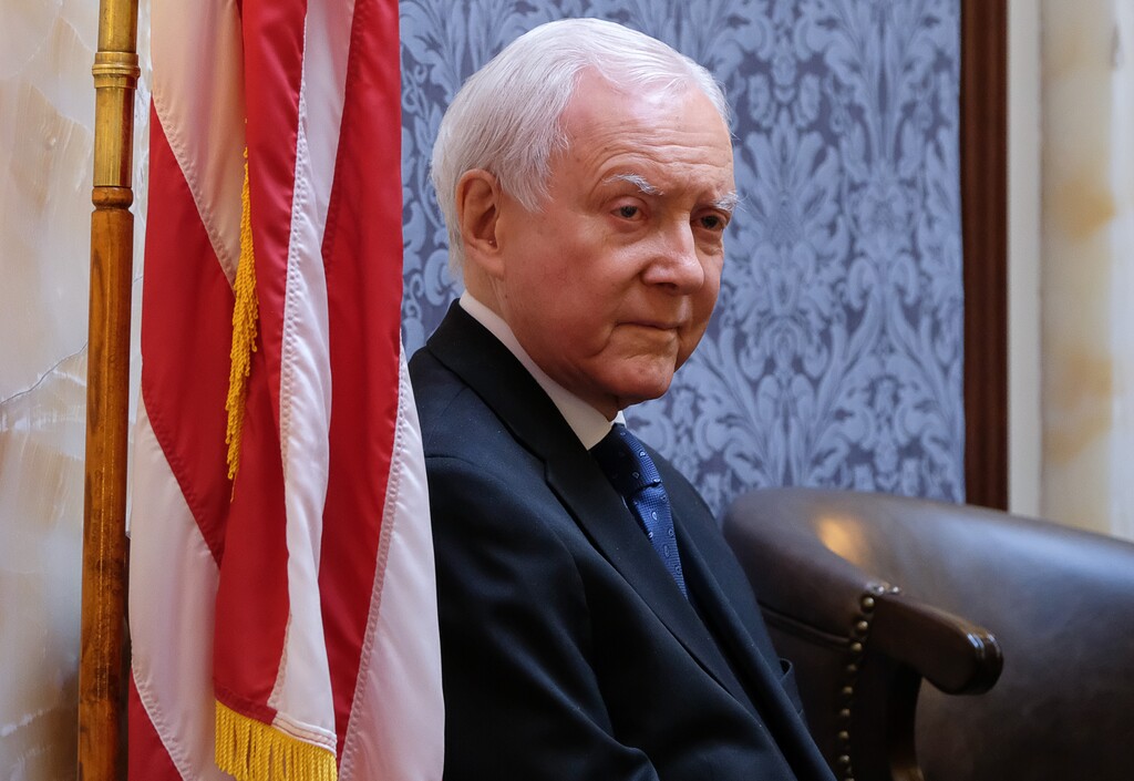 (Francisco Kjolseth  |  The Salt Lake Tribune)  Members of the Utah Senate praise U.S. Sen. Orrin Hatch, relaying their own personal stories with him from his 42 years in office, as Wednesday, Feb. 21, 2018, is declared "Orrin G. Hatch Day." Hatch is the longest-serving Republican senator in U.S. history. 