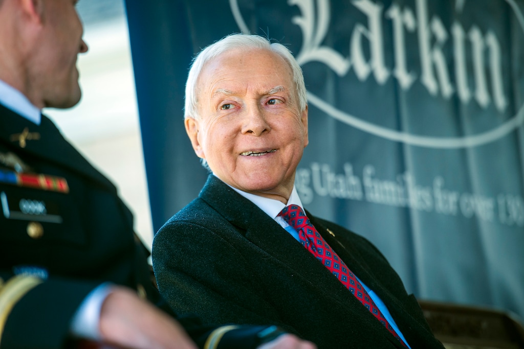 Chris Detrick | The Salt Lake Tribune
Lieutenant Colonel Forrest 'Chip' Cook, Professor of Military Science-Army ROTC at Brigham Young University and Sen. Orrin Hatch, R-Utah, talk during a Memorial Day Service at Larkin Sunset Gardens Cemetery in Sandy Monday, May 29, 2017.