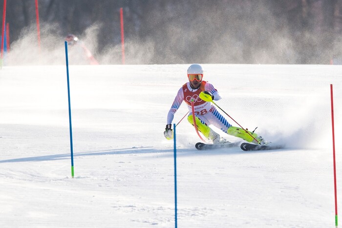 (Chris Detrick  |  The Salt Lake Tribune)  USA's Jared Goldberg competes in the Men's Alpine Combined at Jeongseon Alpine Centre during the Pyeongchang 2018 Winter Olympics Tuesday, February 13, 2018.  Goldberg finished in 36th place with a time of 2:22.88.