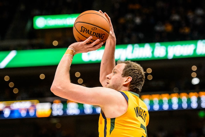(Trent Nelson | The Salt Lake Tribune)  Utah Jazz forward Joe Ingles (2) hits a three-pointer as the Utah Jazz host the Milwaukee Bucks, NBA basketball in Salt Lake City Saturday November 25, 2017.