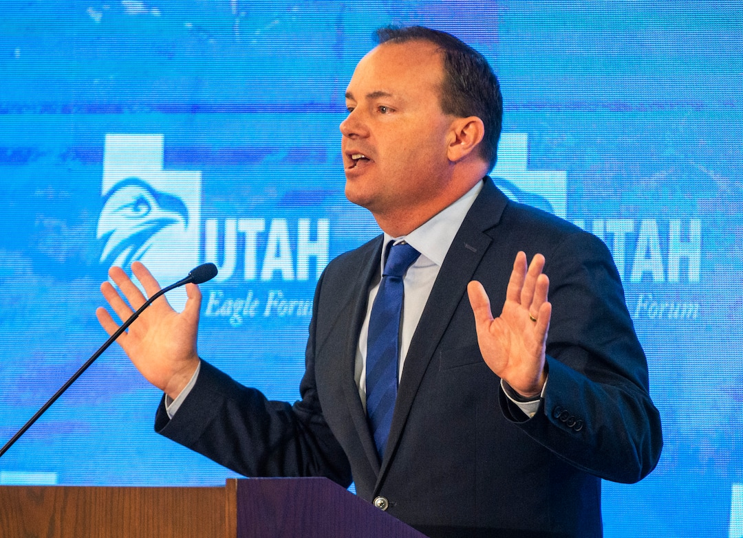 (Rick Egan  |  The Salt Lake Tribune)     Sen. Mike Lee shares his feelings about the Iran military briefing while speaking at the Utah Eagle Forum Convention, in Sandy, Saturday, Jan. 11, 2020.