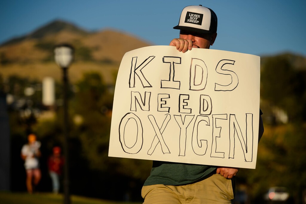 (Trent Nelson | The Salt Lake Tribune) A rally protesting government mask mandates at the State Capitol inSalt Lake City on Saturday, Sept. 5, 2020.