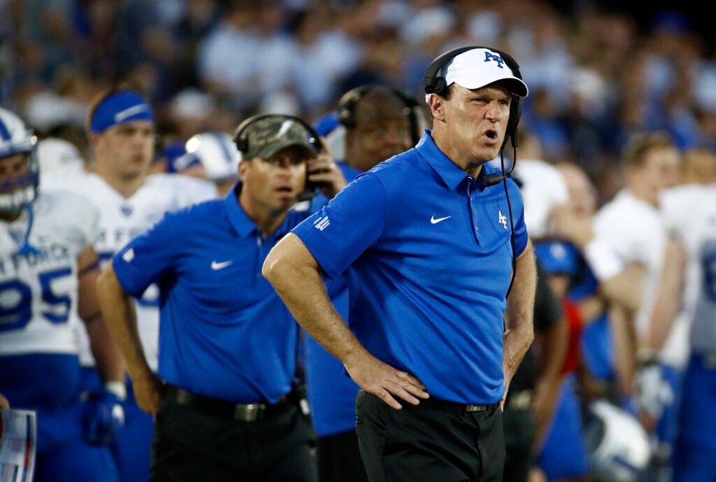 Air Force head coach Troy Calhoun watches the second half of an NCAA college football game against Navy in Annapolis, Md., Saturday, Oct. 7, 2017. Navy won 48-45. (AP Photo/Patrick Semansky)