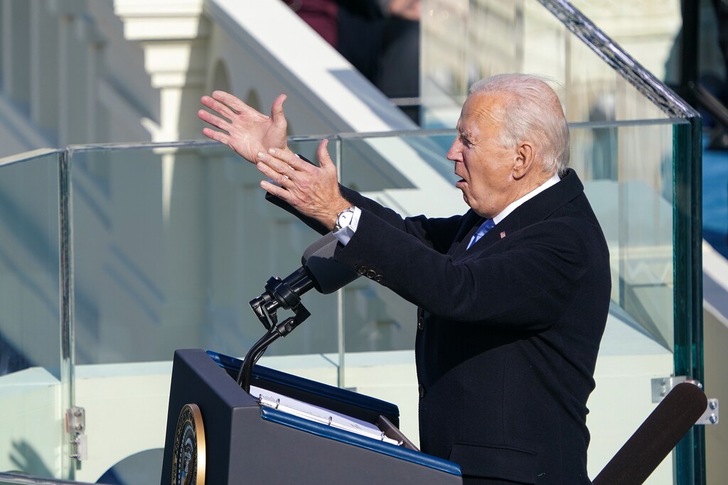 President Joe Biden delivers his inaugural address at the Capitol in Washington on  Wednesday, Jan. 20, 2021. (Chang W. Lee/The New York)