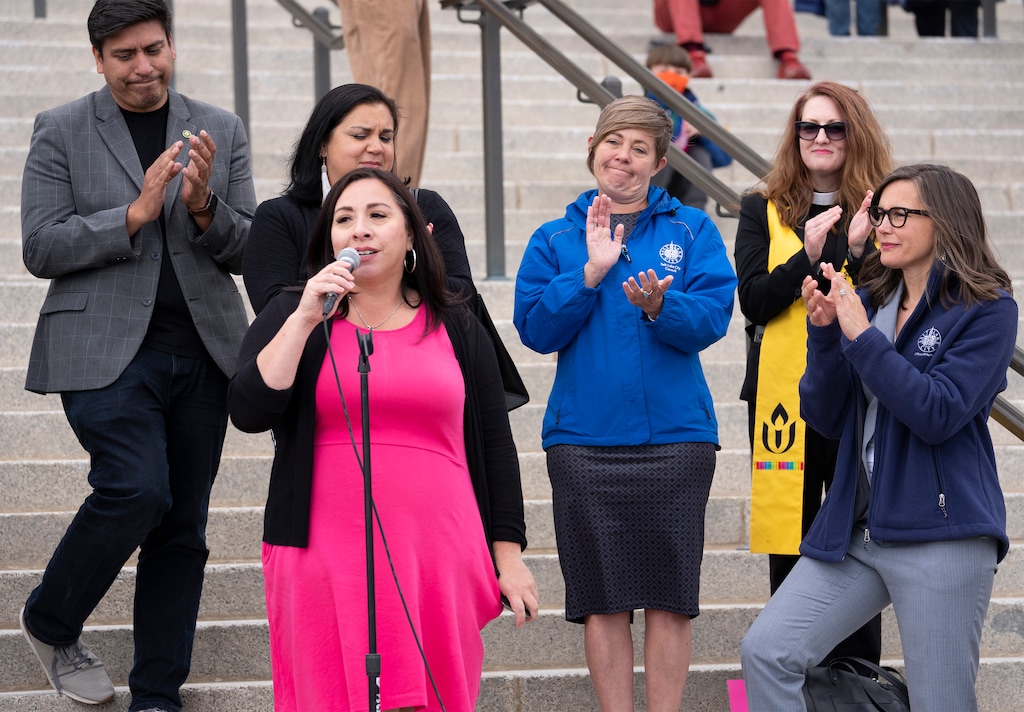 (Rick Egan | The Salt Lake Tribune) Rep. Angela Romero speaks at a rally, as more than one thousand protesters gather at the steps of The Capitol for the Bans Off Our Bodies protest hosted by Planned Parenthood, on Tuesday, May 3, 2022. Romero, D-Salt Lake City, said Wednesday, June 29, 2022, that she is proposing a bill removing penalties for physicians in Utah's abortion laws.