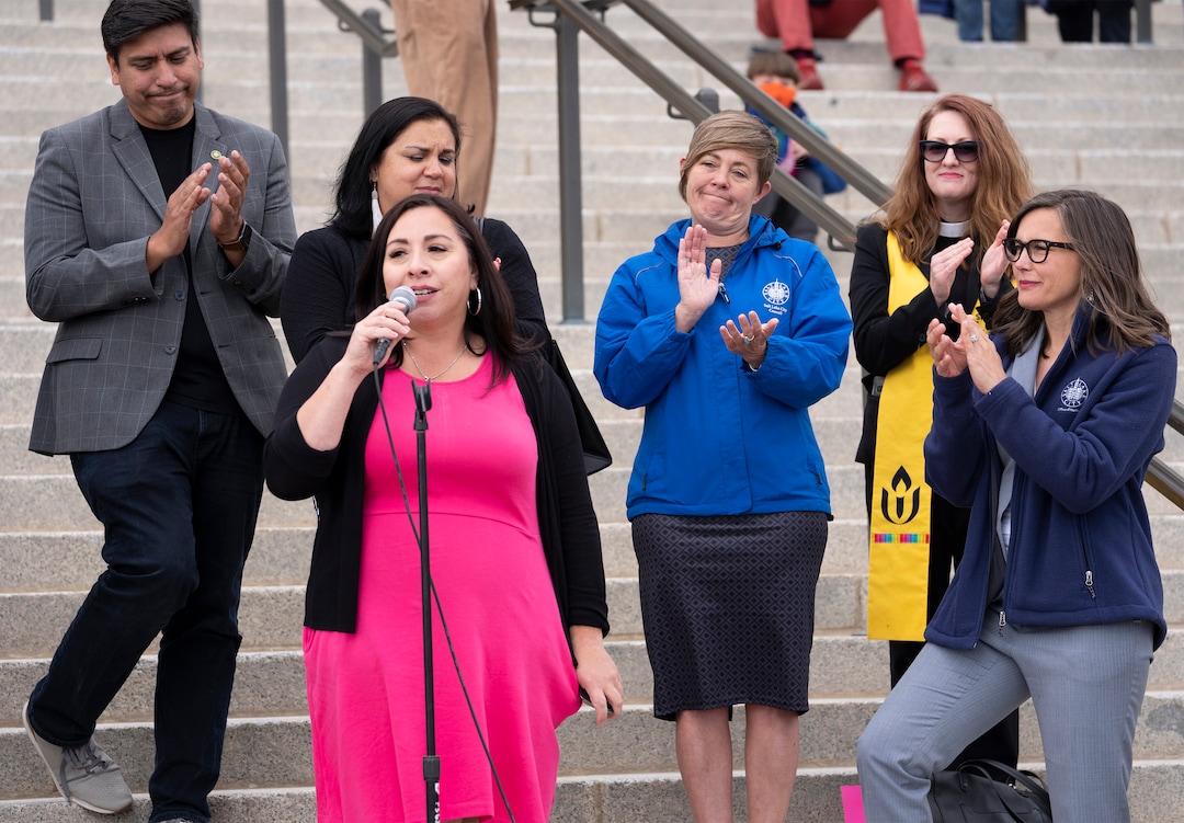 (Rick Egan | The Salt Lake Tribune) Rep. Angela Romero speaks at a rally, as more than one thousand protesters gather at the steps of The Capitol for the Bans Off Our Bodies protest hosted by Planned Parenthood, on Tuesday, May 3, 2022.