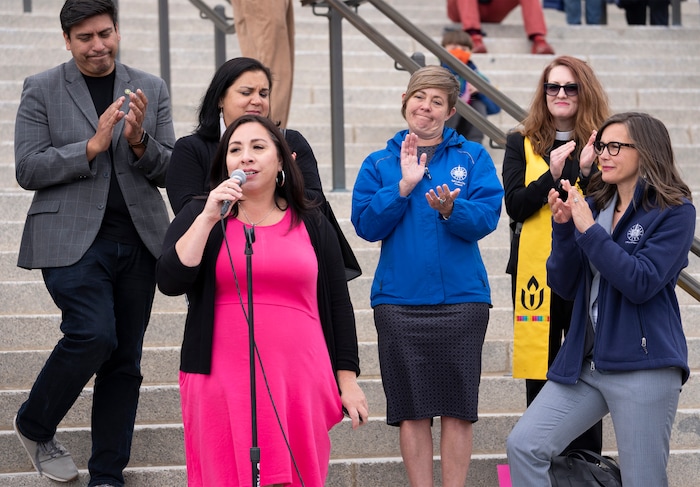 (Rick Egan | The Salt Lake Tribune) Rep. Angela Romero speaks at a rally, as more than one thousand protesters gather at the steps of The Capitol for the Bans Off Our Bodies protest hosted by Planned Parenthood, on Tuesday, May 3, 2022.