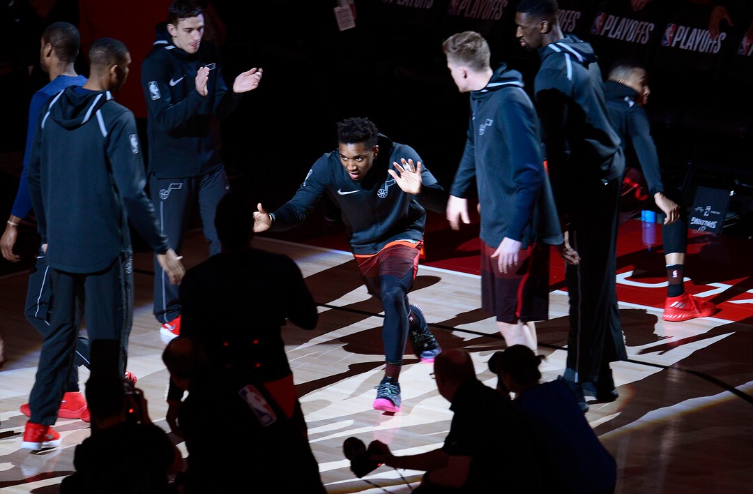 (Scott Sommerdorf | The Salt Lake Tribune)Utah Jazz guard Donovan Mitchell (45) is introduced. The Houston Rockets led the Utah Jazz 70-40 at the half of game 3, Friday, May 4, 2018.