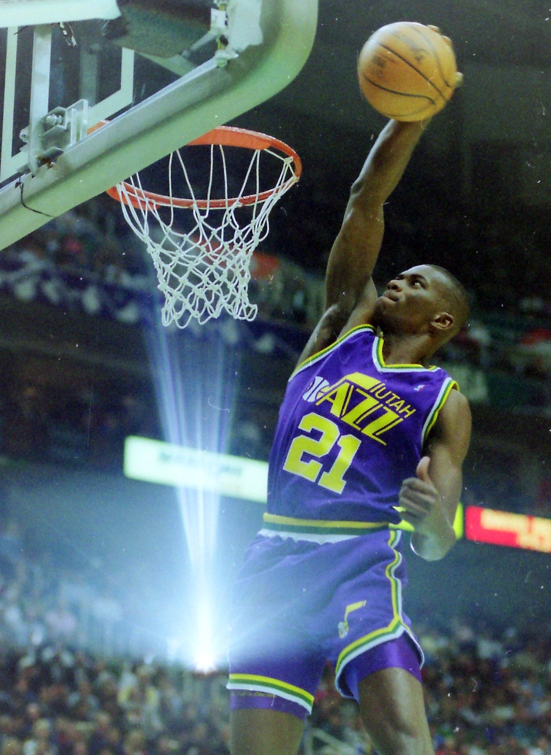 (Steve Griffin | Tribune file photo) David Benoit of the Jazz competes in the 1993 All-Star Slam Dunk Contest in the Delta Center in Salt Lake City, Saturday, Feb. 20, 1993.